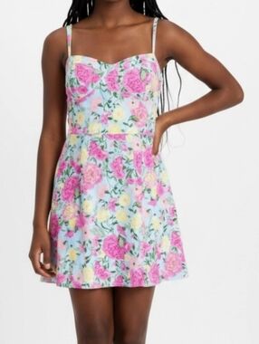 Wayf Womens Minidress Sz L Pink Carnations Tie Straps Adj. Sweetheart Neckline